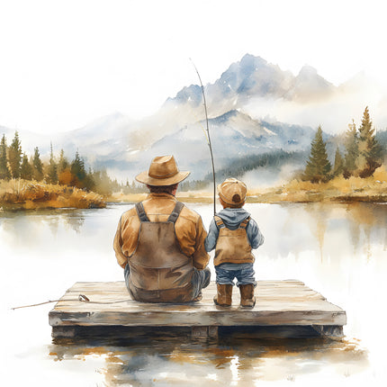 father and son fishing cotton fabric panel