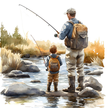 father and son fishing cotton fabric panel