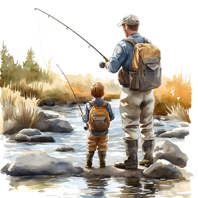 father and son fishing cotton fabric panel