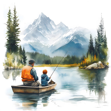 father and son fishing on lake cotton fabric panel