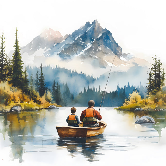 father and son fishing on lake cotton fabric panel