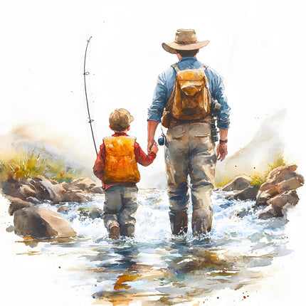 father and son fishing on lake cotton fabric panel
