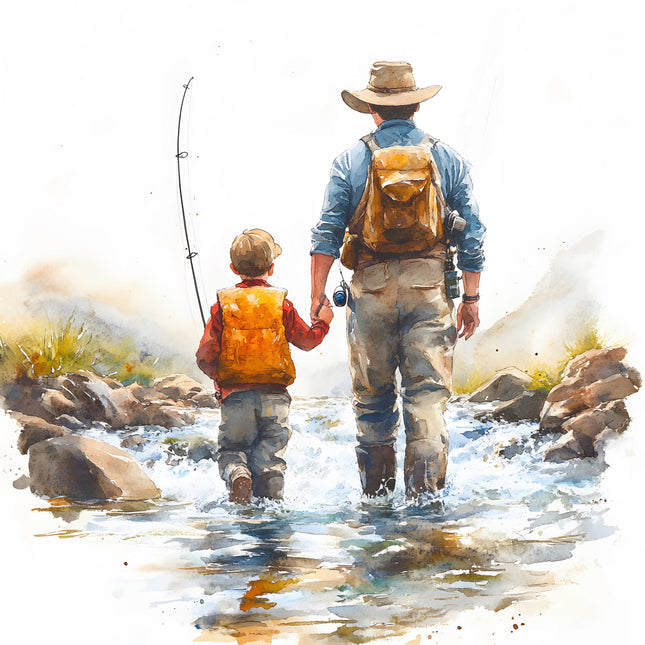father and son fishing on lake cotton fabric panel
