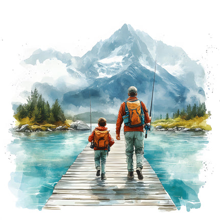 father and son fishing on lake cotton fabric panel