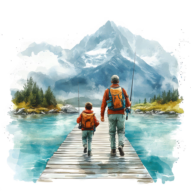 father and son fishing on lake cotton fabric panel
