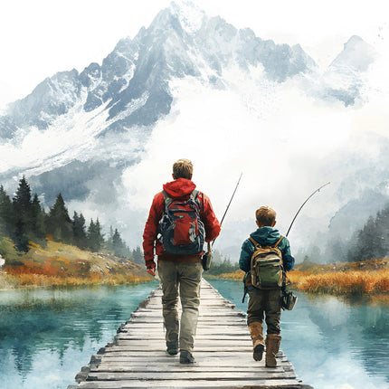 father and son fishing on lake cotton fabric panel