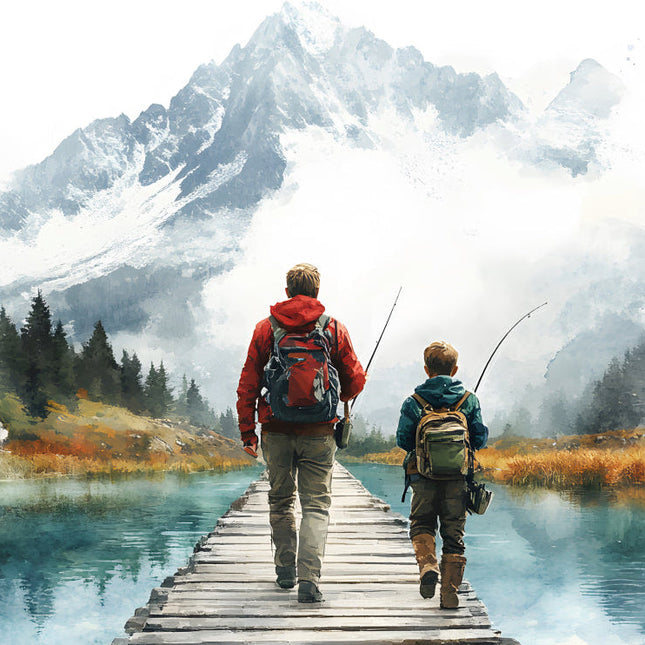 father and son fishing on lake cotton fabric panel