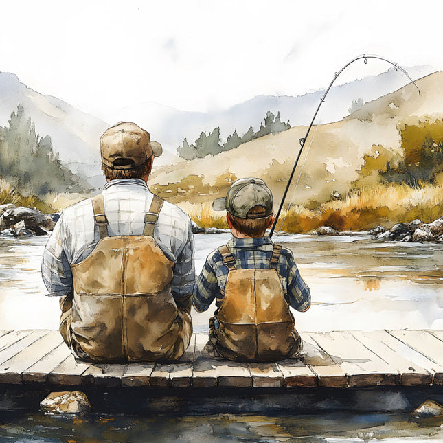 father and son fishing on lake cotton fabric panel