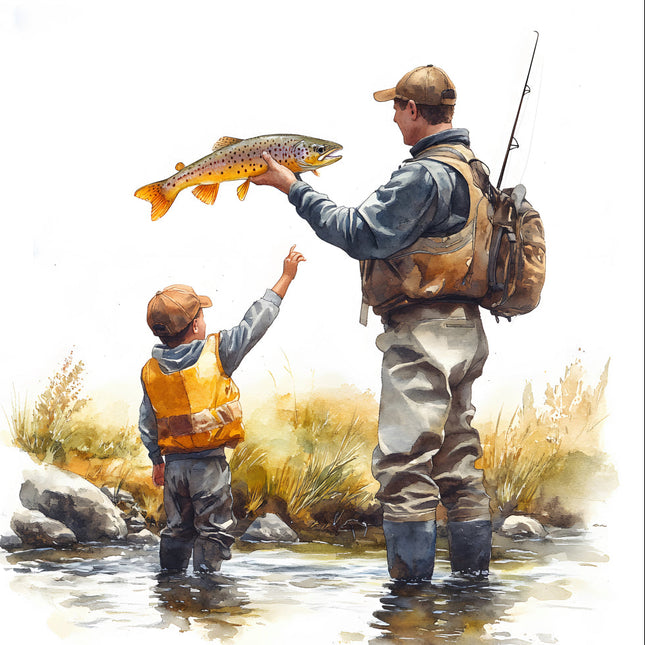 father and son fishing on lake cotton fabric panel