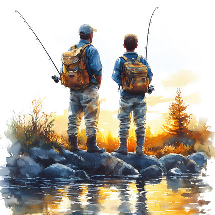 father and son fishing on lake cotton fabric panel