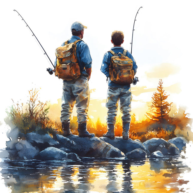 father and son fishing on lake cotton fabric panel