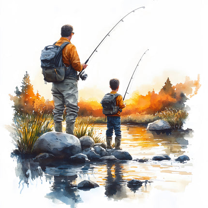 father and son fishing on lake cotton fabric panel