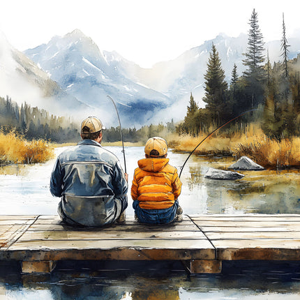 father and son fishing on lake cotton fabric panel