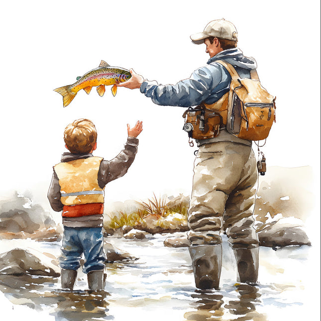 father and son fishing on lake cotton fabric panel