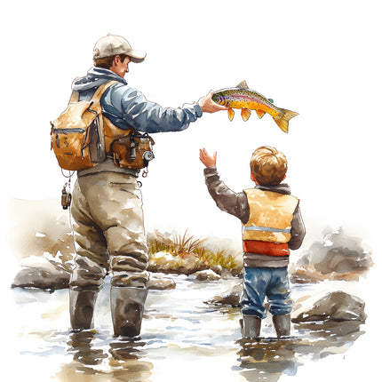 father son fishing quilt panel