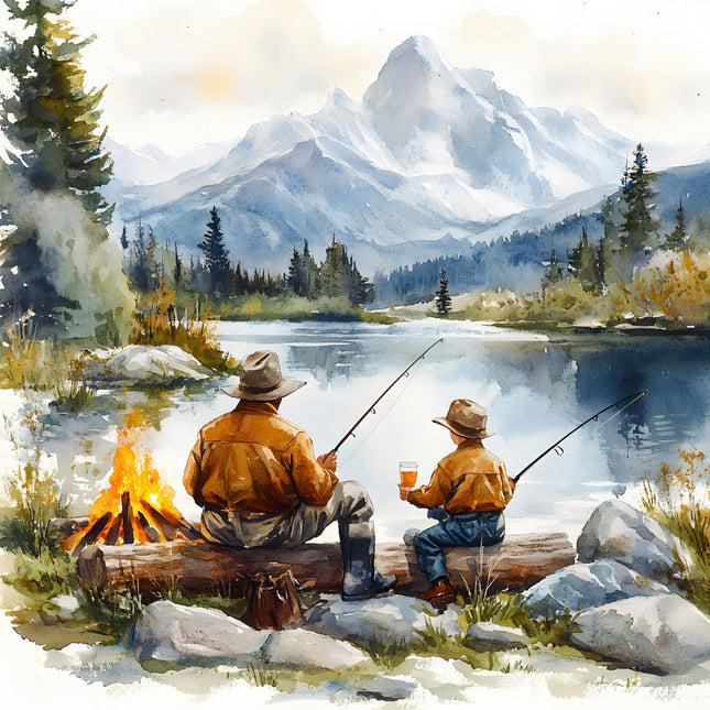 father and son fishing on lake cotton fabric panel
