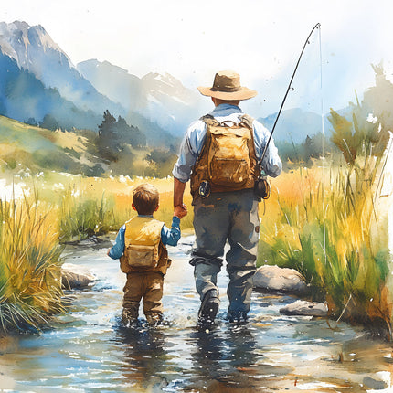 father and son fishing on lake cotton fabric panel