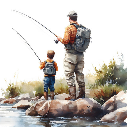 father and son fishing on lake cotton fabric panel