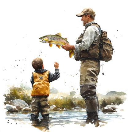 father and son fishing on lake cotton fabric panel