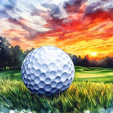 Golf ball on a golf course with a colorful sunset sky fabric panel