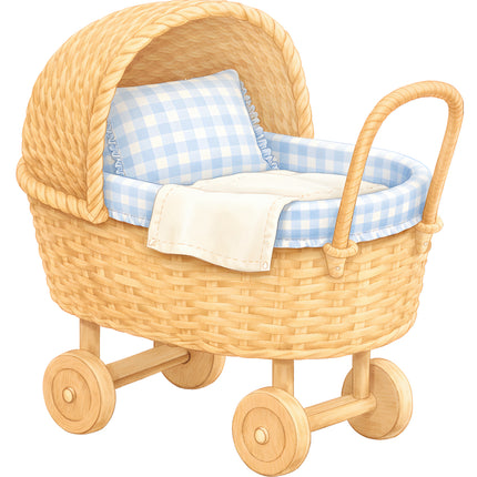 Wicker baby carriage with blue checkered blanket fabric panel