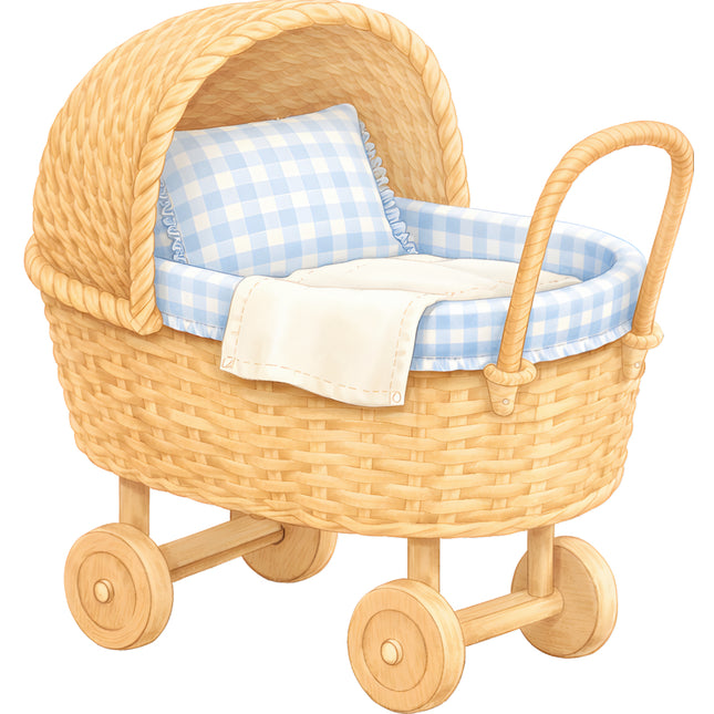Wicker baby carriage with blue checkered blanket fabric panel