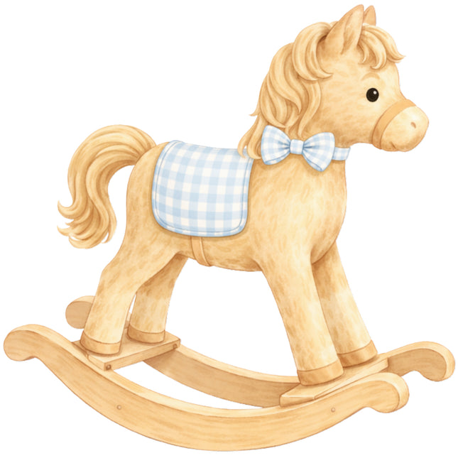 Wooden rocking horse with a checkered blanket fabric panel