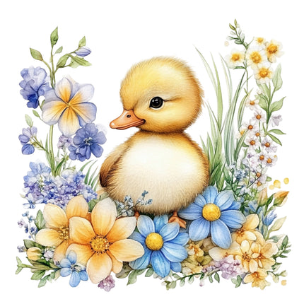 duckling surrounded by colorful flowers fabric panel