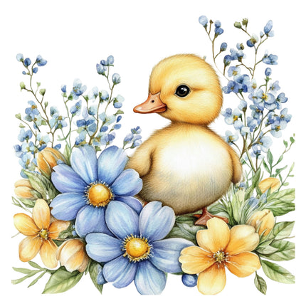 duckling surrounded by blue and yellow flowers quilt block