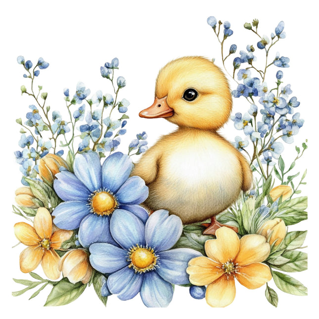 duckling surrounded by blue and yellow flowers quilt block