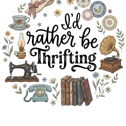 Decorative graphic with vintage items and text 'I'd rather be Thrifting' fabric panel