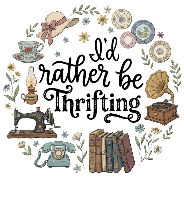 Decorative graphic with vintage items and text 'I'd rather be Thrifting' fabric panel