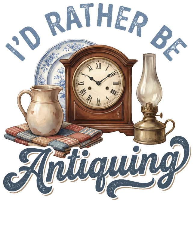 Decorative graphic with antique clock, pitcher, and lamp with 'I'd Rather Be Antiquing' fabric panel