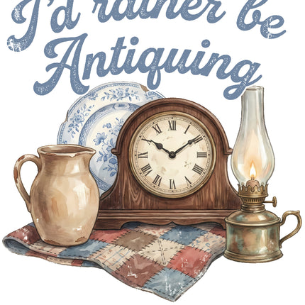 Decorative scene with clock, pitcher, plates, and oil lamp on a quilt with 'I'd rather be Antiquing' fabric panel