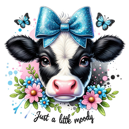 Cartoon cow with a blue bow, flowers, and butterflies moody fabric panel