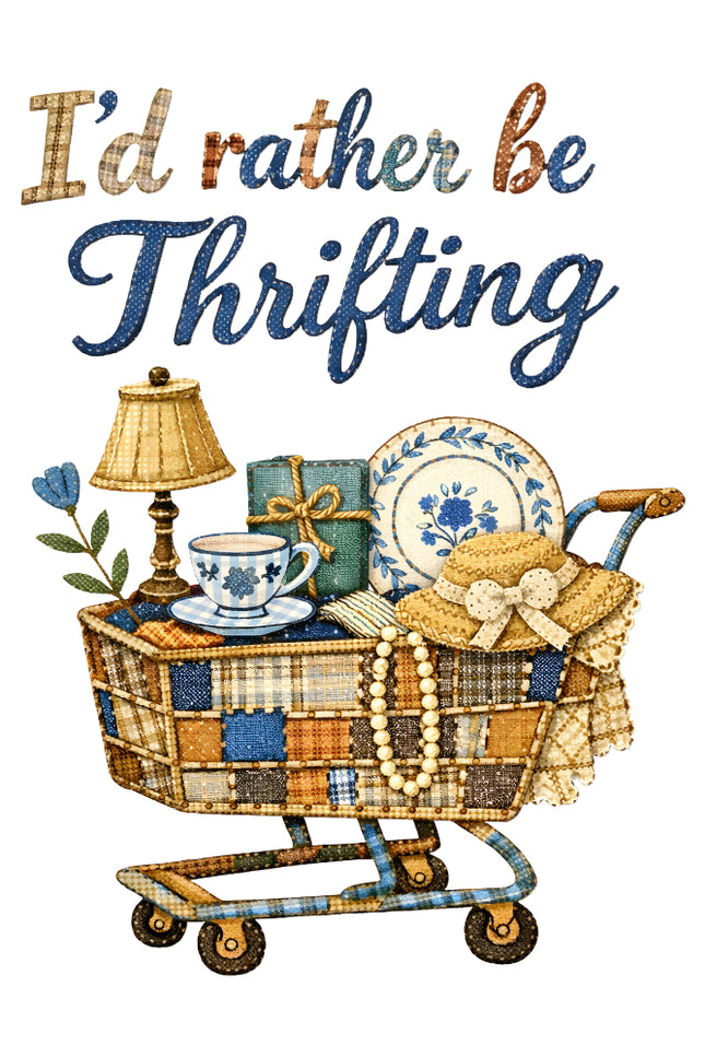 Cart filled with thrifted items with 'I'd rather be Thrifting' fabric panel