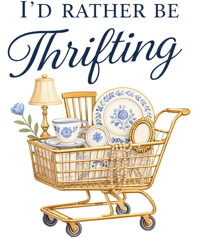 Gold shopping cart filled with blue and white ceramic items and a lamp, with I'd Rather Be Thrifting fabric panel