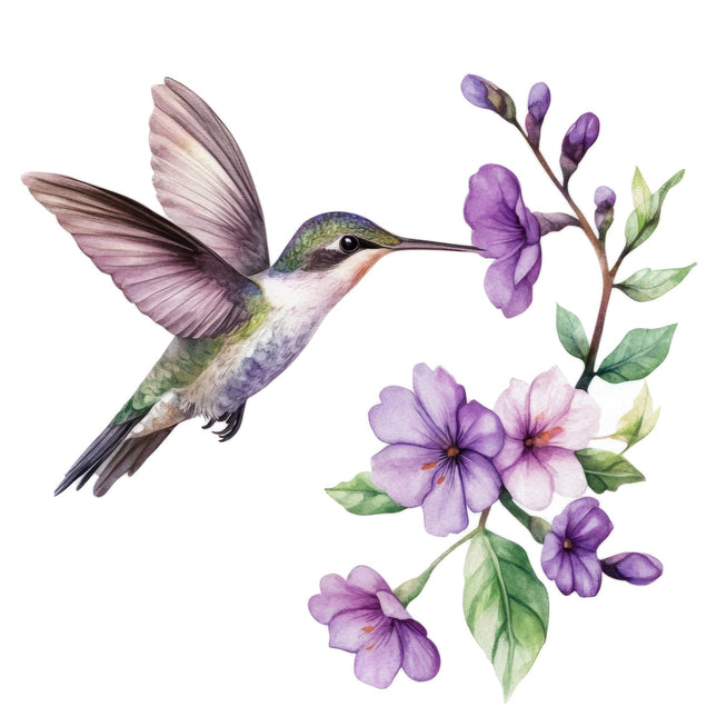 Hummingbird and purple flowers quilt block