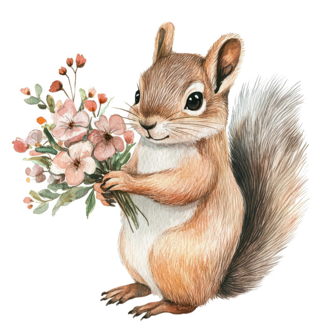 Squirrel Holding Flowers 100% Cotton Fabric Panel Block AJ2258