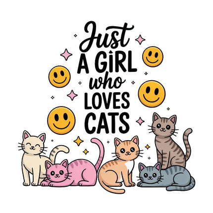 Cartoon cats with smiley faces and text Just a girl who loves cats fabric panel