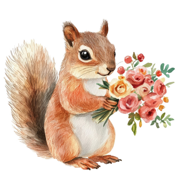 Squirrel Holding Flowers 100% Cotton Fabric Panel Block AJ2261