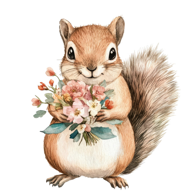 squirrel holding flowers fabric panel