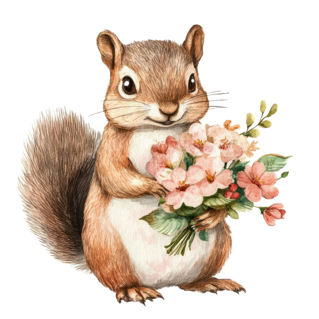 squirrel holding flowers fabric panel