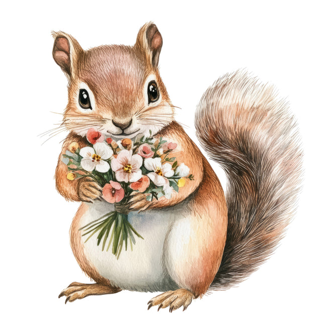 squirrel holding flowers fabric panel