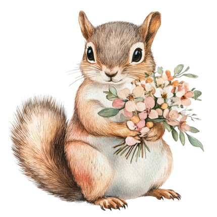 squirrel holding flowers fabric panel