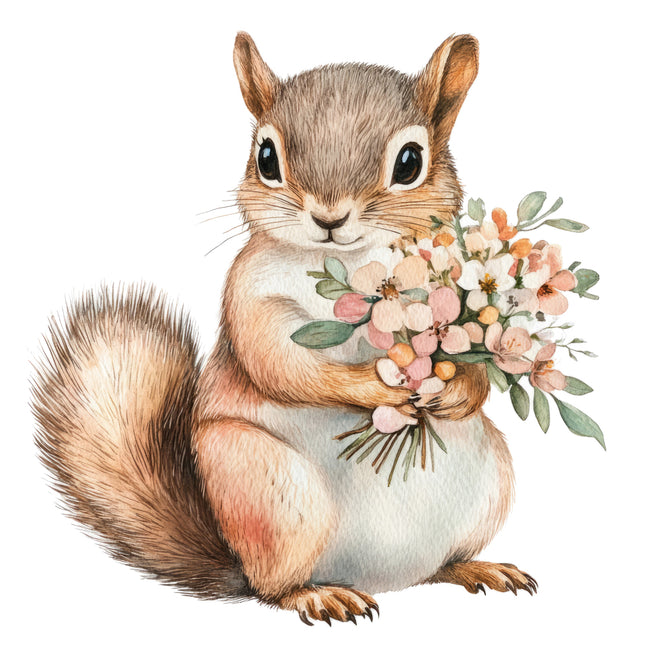 squirrel holding flowers fabric panel