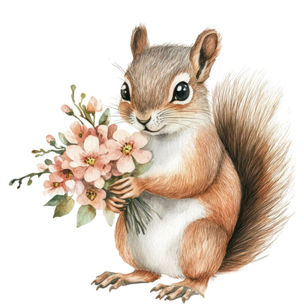 squirrel holding flowers fabric panel