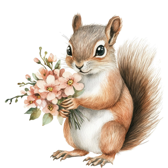 squirrel holding flowers fabric panel