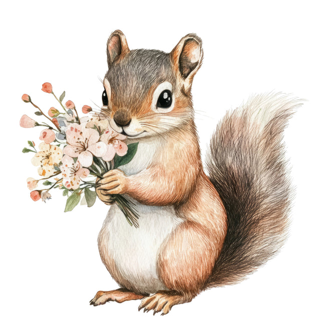 squirrel holding flowers fabric panel