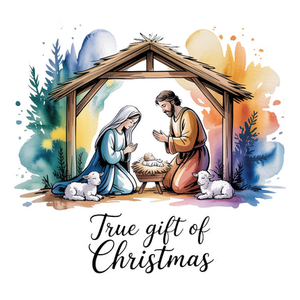 Nativity scene with Mary, Joseph, and baby Jesus in a manger fabric panel